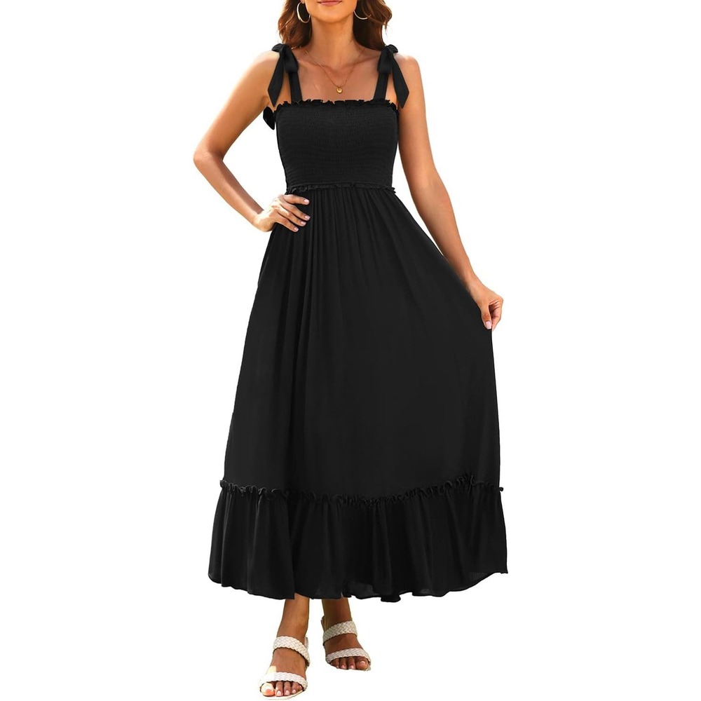 New** sundreSummer Spaghetti Strap Boho Smocked Tiered Beach Long Flowy Sundress